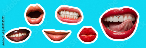 Contemporary art collage. Set of variety of female lips, mouths smiling, frowning, sticking out tongues against blue background. Concept of pop art, beauty, positive emotion. Trendy magazine style. photo