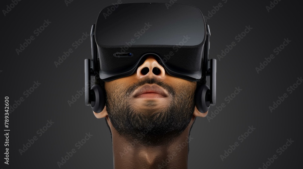 Innovative man wearing virtual reality headset immersed in digital technology with dark background, symbolizing future entertainment and gaming. Innovative man wearing virtual reality headset immersed in digital technology with dark background, symbolizing future entertainment and gaming.