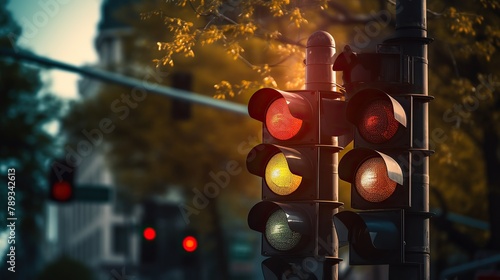 Traffic light at urban road intersection during the day with in summe photo