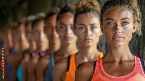 Captivating lineup of focused female athletes in vibrant sportswear, displaying strength and teamwork, perfect for sports themes, motivational events.