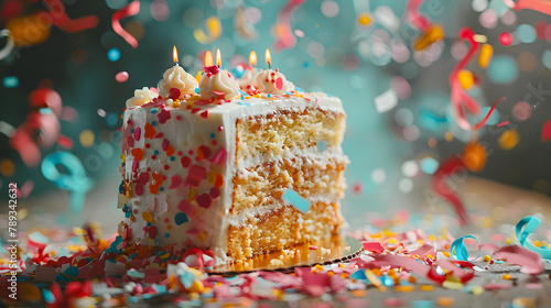 A whimsical birthday cake, with confetti strewn around as the background, during a festive party