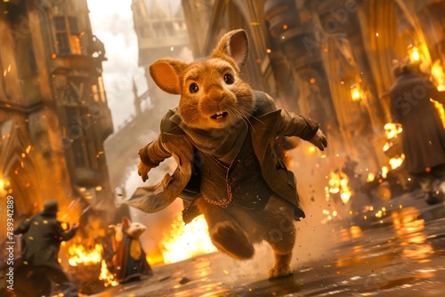 A brown rabbit with a leather jacket is running through a burning city.