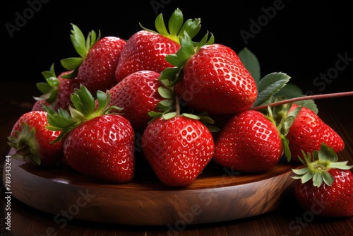 Ripe strawberries on a metal plate on an old wooden bottom with a copy of the top , generative IA