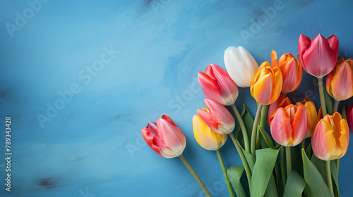 colorful tulip flowers on a blue background сreated with Generative Ai #789343428