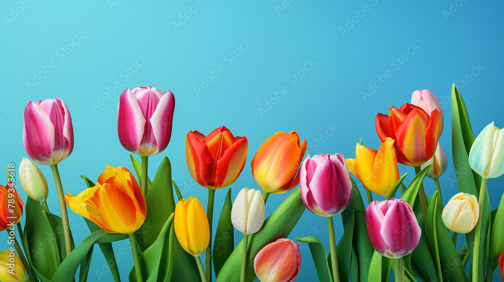 colorful tulip flowers on a blue background сreated with Generative Ai colorful tulip flowers on a blue background сreated with Generative Ai