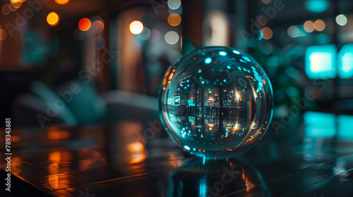 A glass ball is sitting on a table with a reflection of the room in it. The room is dimly lit, giving it a mysterious and intimate atmosphere
