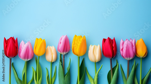 colorful tulip flowers on a blue background сreated with Generative Ai #789343833