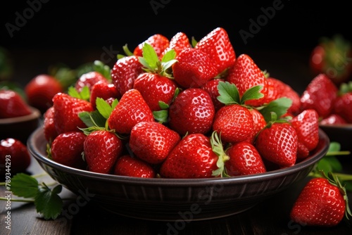 Fresh red strawberries of front view inside the plate in a gray background photo o  generative IA