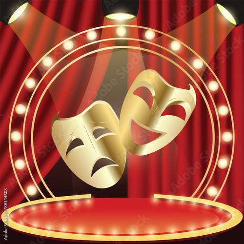 The golden masks of tragedy and comedy against a backdrop of red theater curtains and stage lights.