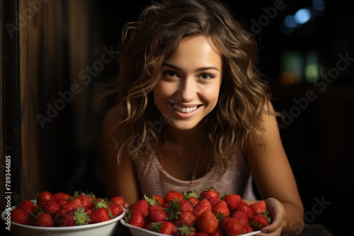 Smiling Woman with a front sight eating strawberries, generative IA