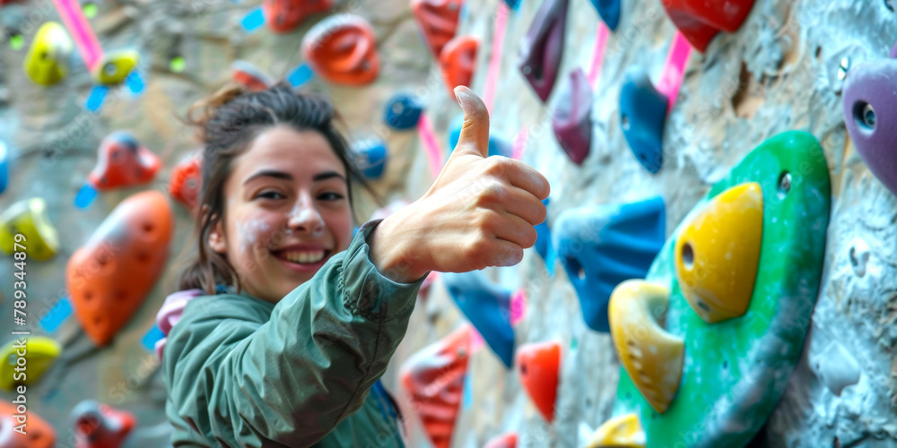 Obraz premium young athletic woman wearing sportswear climbing wall indoors, smiling portrait holding thumbs up