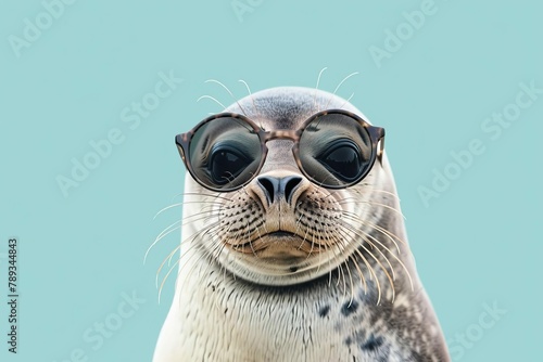 cute seal wearing sunglasses funny animal portrait light blue background digital painting