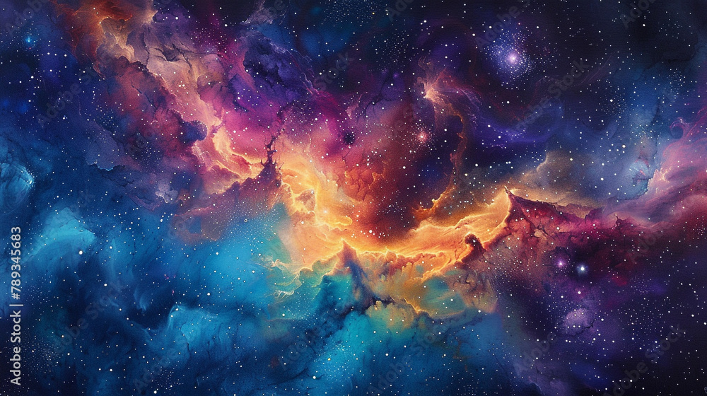 Celestial bursts of ethereal watercolor cascading into a radiant galaxy of glistening stardust. 