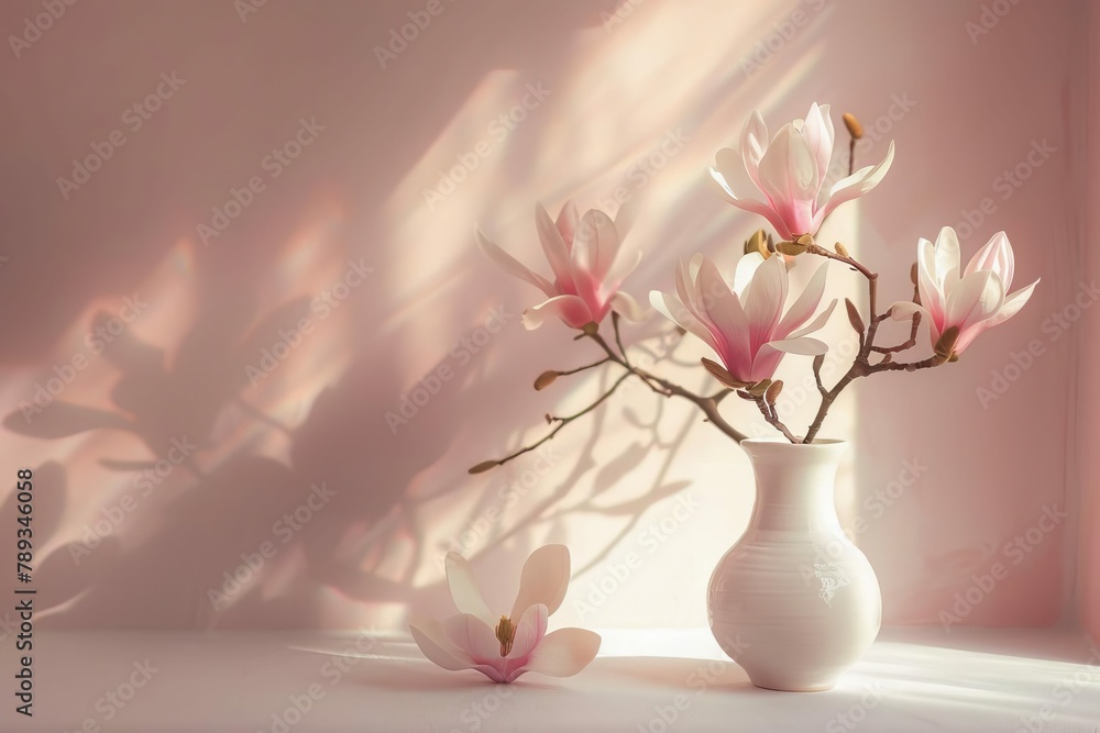 delicate pink magnolia in white vase soft pastel sunlight on wall floral still life photo