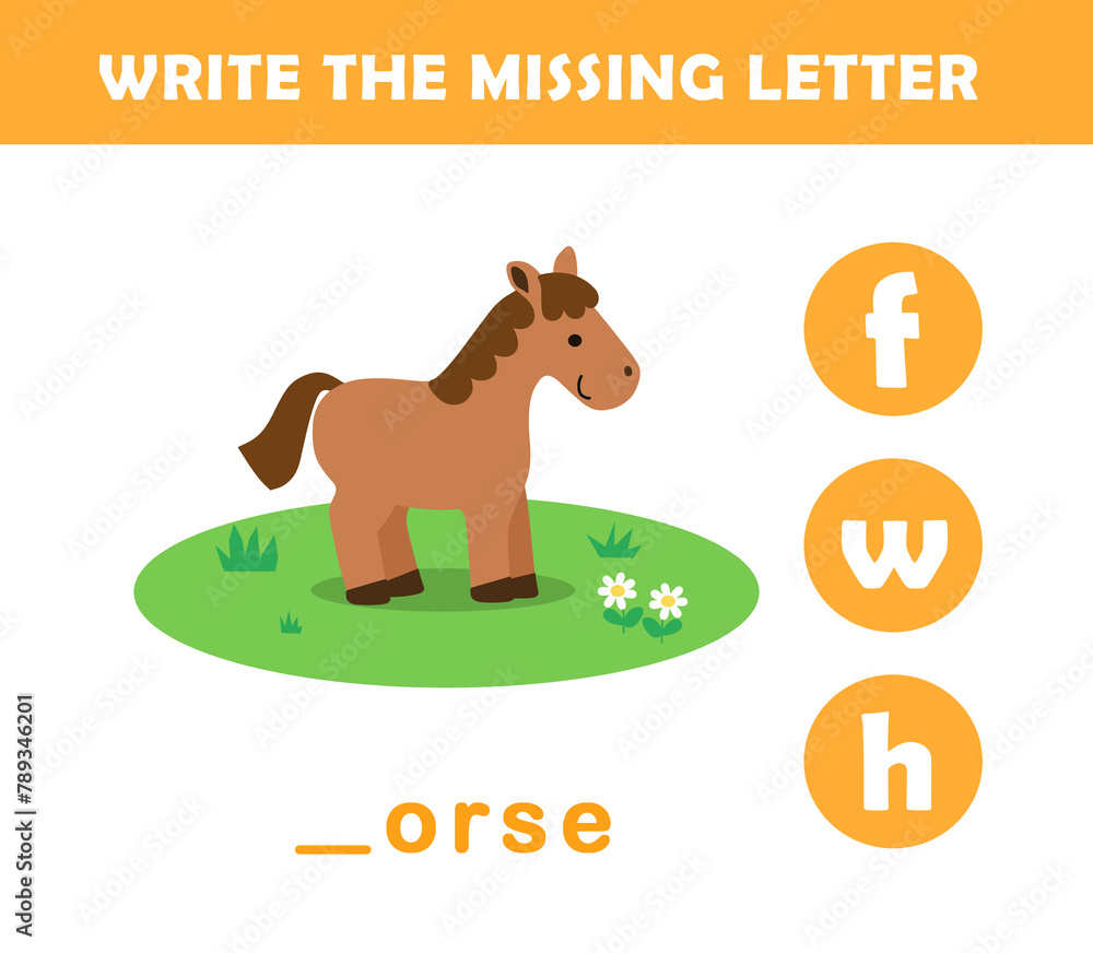 Fototapeta premium Write the missing letter. Worksheet for kids. Find missing letter worksheet for children.