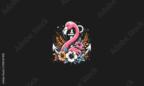 flamingo with flowers and anchor vector artwork design