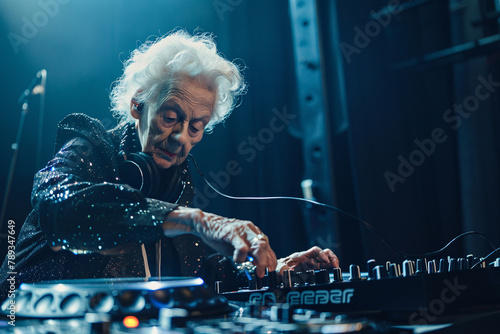 Old dj woman in black playing music