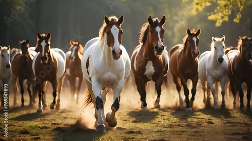  American Paint Horse in the Herd and Running, Realistic Photography, Naturalism, No specific artist, Camera: Canon EOS 5D Mark IV, Lens: 70-200mm, Shot: Medium shot, Render: High resolution, Detailed photo