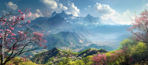 Scenic mountain view adorned with blooming flowers.