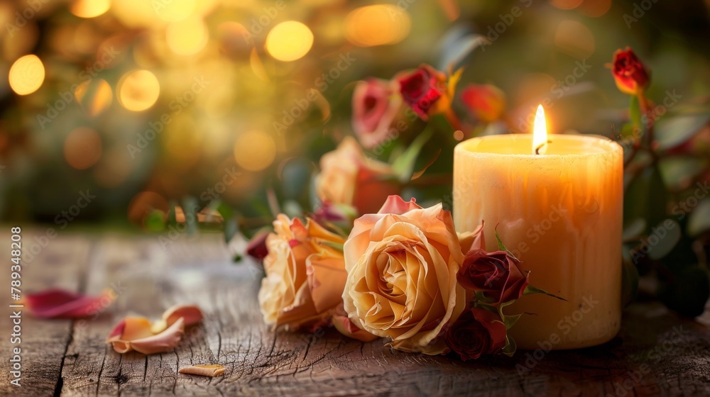 Warm Candle Glow Amidst Roses at Twilight