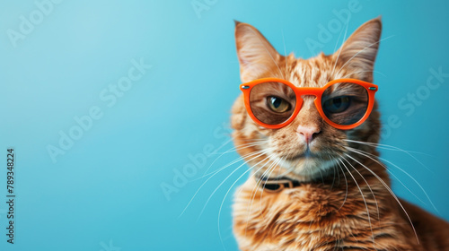 portrait of a funny ginger cat in orange sunglasses isolated on a blue background