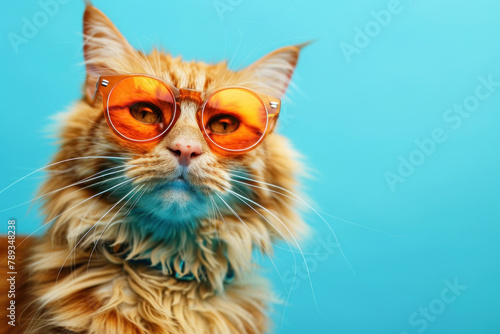 portrait of a funny ginger cat in orange sunglasses isolated on a blue background