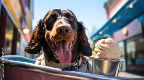 the joyous moment of a Dachshund dog savoring a scoop of vanilla ice cream on a sunny day