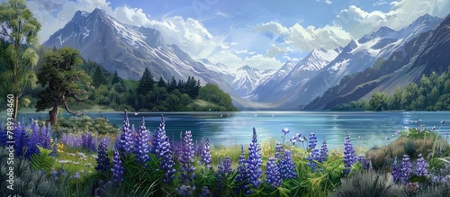 Beautiful lake surrounded by majestic mountains with lupins in full bloom. photo