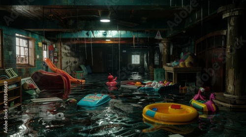 A basement play area with games and stuffed animals floating in dark water, the space claustrophobic and filled with rising damp