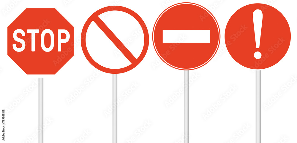 set of prohibition signs on a stick on a blank background set of prohibition signs on a stick on a blank background