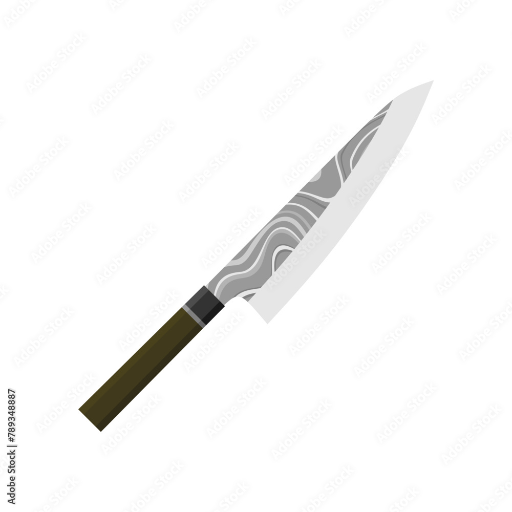 Obraz premium Gyuto, Japanese kitchen knife flat design vector illustration isolated on white background. A traditional Japanese kitchen knife with a steel blade and wooden handle.