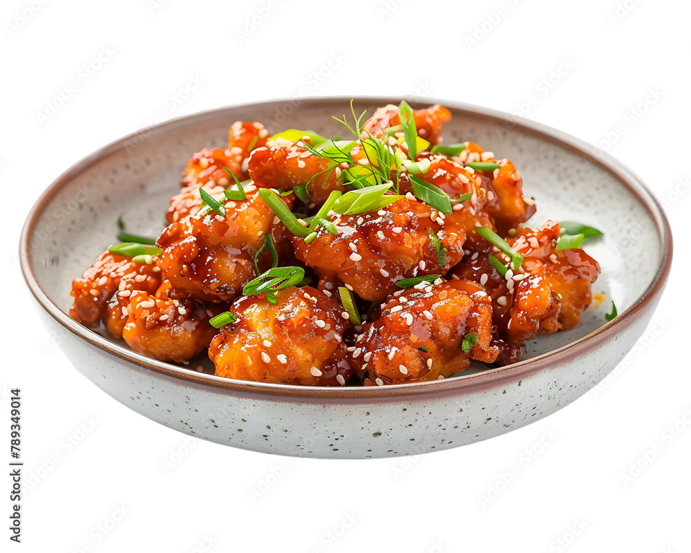 sesame chicken in plate on transparent background