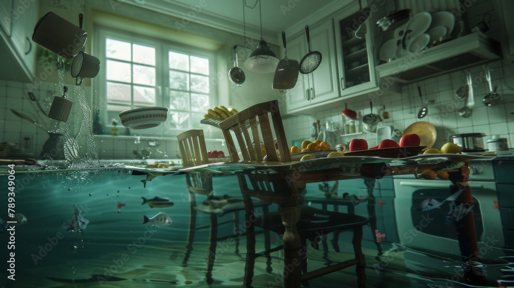 A kitchen scene where chairs float around a submerged table, with dishes and a tipped-over fruit bowl creating a chaotic atmosphere A kitchen scene where chairs float around a submerged table, with dishes and a tipped-over fruit bowl creating a chaotic atmosphere