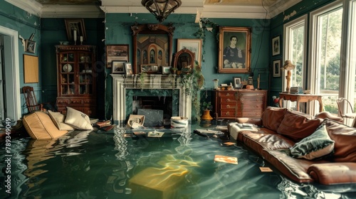 A living room with a fireplace, the mantel decor and family memorabilia submerged, couch cushions and throw pillows floating around