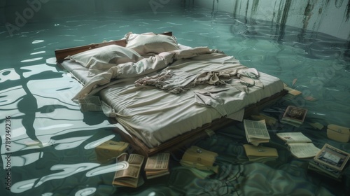 An image of a bedroom submerged in murky water, the bed floating and tilted, with clothes and books scattered across the water's surface © Filip