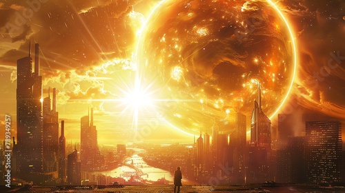 Solar flares illuminate a tooclose sun, Earths cities shield under domes, a fight against global warmingHeatwaves dance on skyscrapers, people in advanced thermal suits navigate, a hot worlda seeking photo