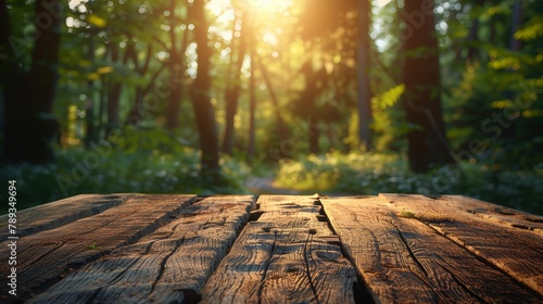 Sunset Light Through Forest on Wooden Surface