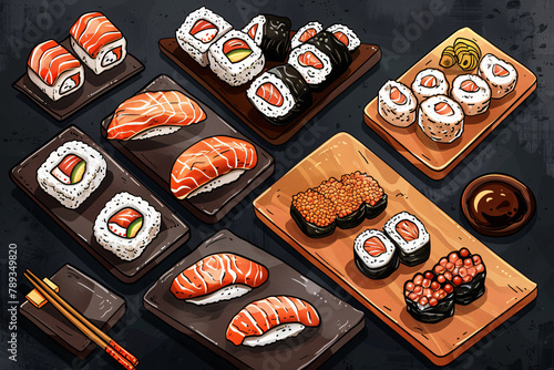 Illustration of different sushi sets on dark background