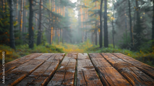 Misty Morning Sunlight on Forest Trail with Wooden Foreground