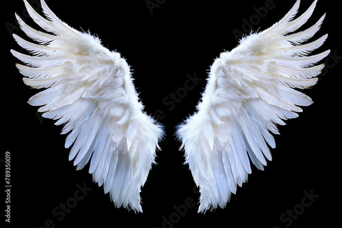 Angel wings isolated on the black background, fantasy feather wings for fashion design, cosplay and dress up party.