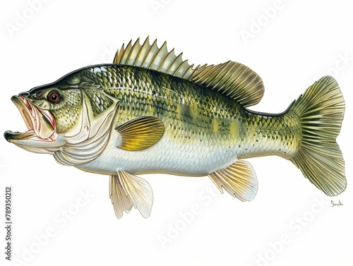 A largemouth bass fish, with its mouth open, and facing the left of the image.