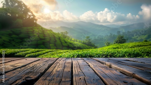 Sunlit Tea Fields Viewed from Rustic Wooden Table