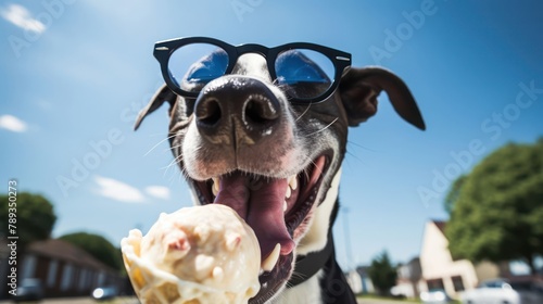 the joyous moment of a Great Dane dog savoring a scoop of vanilla ice cream on a sunny day