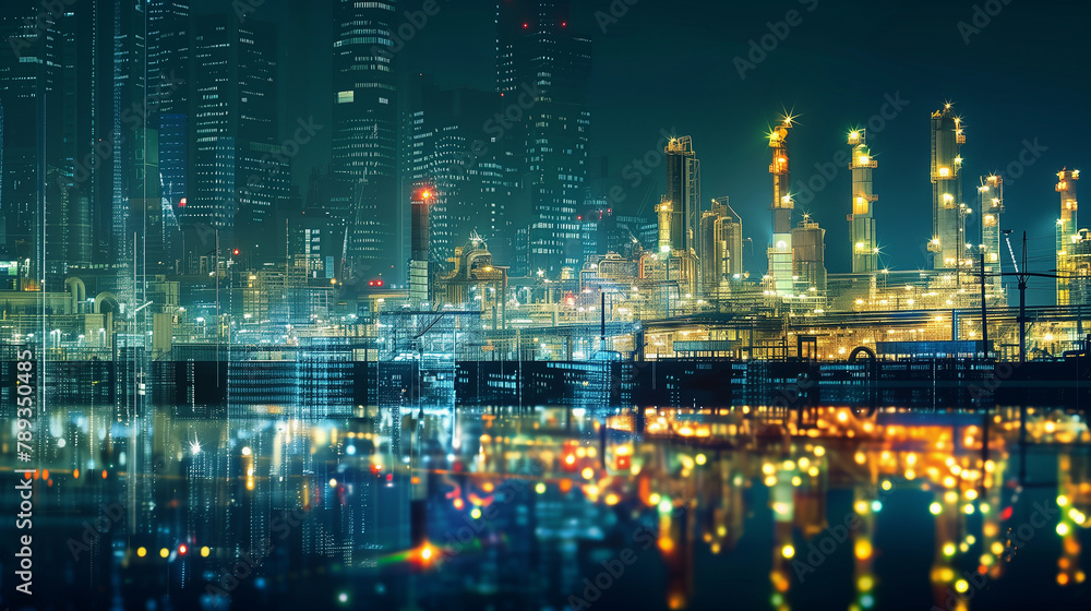 A city skyline with a large industrial area with many tall buildings. The lights from the buildings reflect on the water