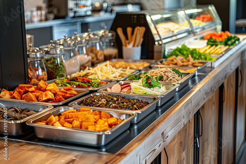 Buffet concept. Service station with assortment of food photo