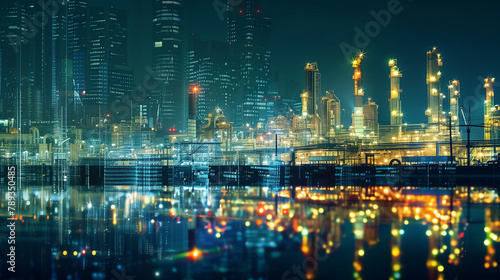 A city skyline with a large industrial area with many tall buildings. The lights from the buildings reflect on the water