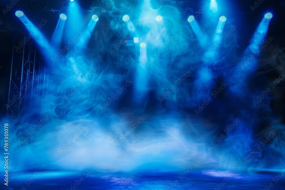 dramatic stage with vibrant blue spotlights and swirling smoke theatrical performance background vector illustration