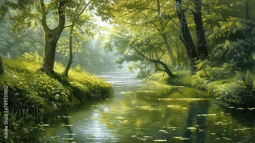 A serene river flowing through a tranquil forest  its gentle waters reflecting the lush greenery and vibrant foliage along its banks.