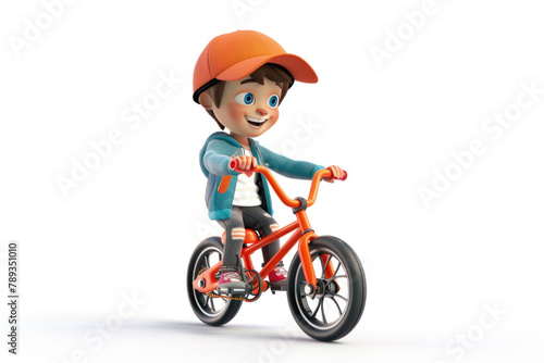 3D cartoon character boy riding bicycle with happy facial expression isolated on white background