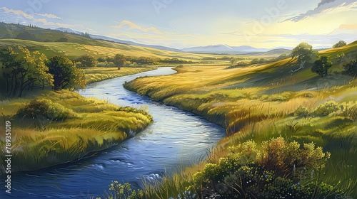 A serene river winding its way through a peaceful valley, its gentle flow carrying with it the essence of nature, and providing sustenance for all life.